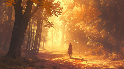 Sunset over forest with silhouette of hiker on nature trail and sunlight filtering through trees