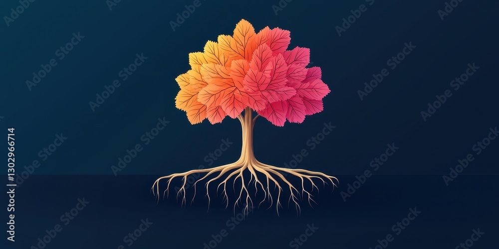 Poster a vibrant tree with colorful leaves and visible roots, set against a dark background, symbolizing gr
