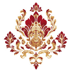 Divine Ganesh Emblem: An intricate emblem of the Hindu deity Ganesha, showcasing detailed ornamentation in rich red and gold hues, is displayed.