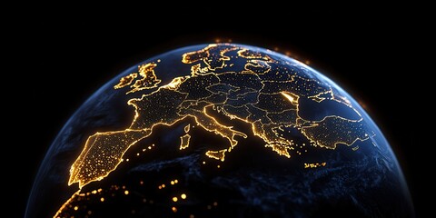 A stunning view of Europe at night, showcasing illuminated cities and geographical features against the backdrop of a dark sky.