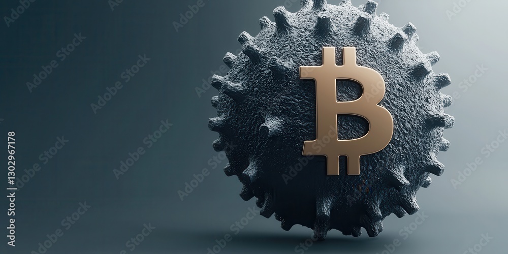 Poster A stylized Bitcoin symbol sits on a textured virus-like sphere, highlighting the intersection of cryptocurrency and health themes.