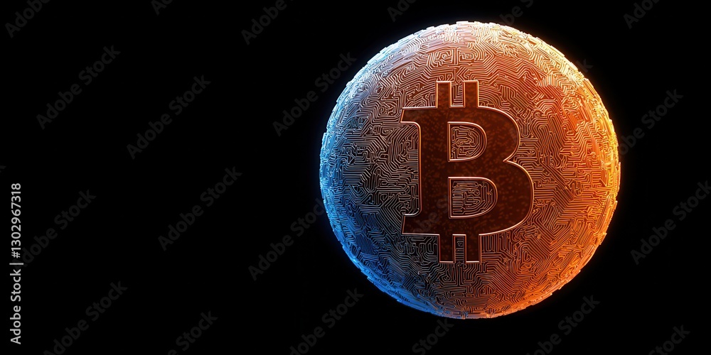Poster a stylized representation of a planet featuring the bitcoin symbol, highlighting the fusion of crypt