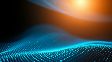 Abstract background featuring digital waves with glowing points and vibrant orange light, creating a dynamic and futuristic environment