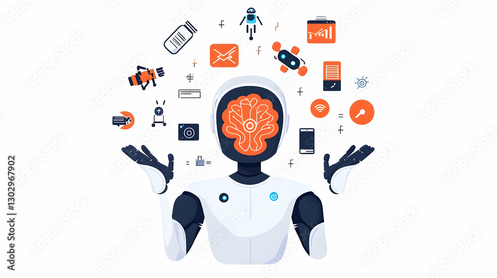 Poster futuristic robot with technology icons and data visualization elements