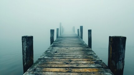 Obraz premium A wooden pier disappearing into the mist, creating a mysterious atmosphere