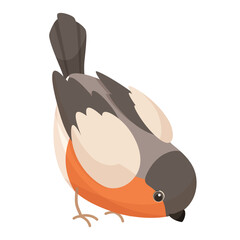 Bright bird bullfinch, bird with red breast. Flat cartoon character design. Bird icon, cute template with bullfinch image. Vector illustration isolated on white background.