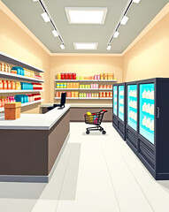 brightly lit convenience store interior with shelves of products and a shopping cart