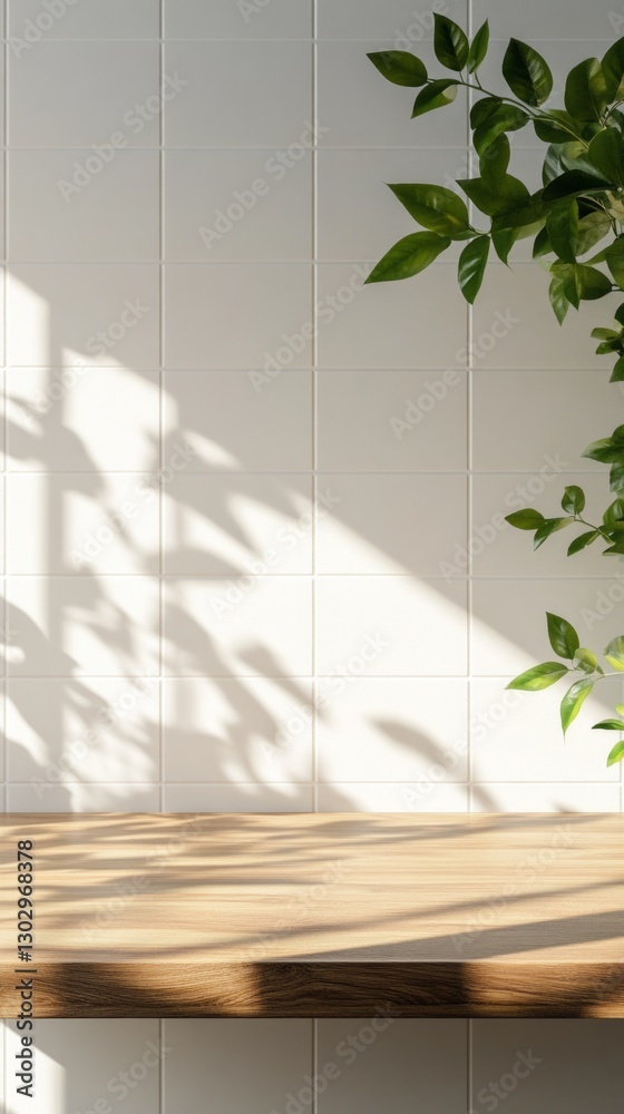 Poster Sunlight streams through a window, creating intricate shadows on a warm wooden table. Fresh green leaves elegantly frame the scene, enhancing the tranquil atmosphere of the space