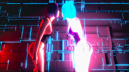 Virtual Reflections: A Cyberpunk Face-Off.. 3d rendering