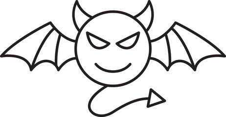 Cartoon devil emoji with wings and tail line icon