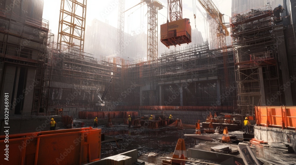 Wall mural construction site with cranes, scaffolding, and half-built structures, workers in the background wea