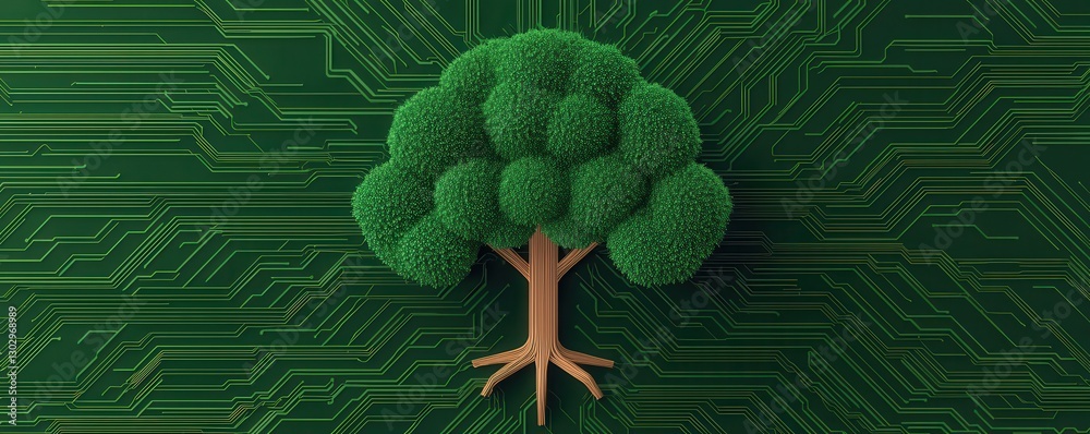 Poster a stylized tree made of green foliage stands atop a circuit board background, symbolizing the connec