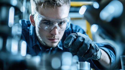 A worker wearing protective gloves and goggles, adjusting machine settings