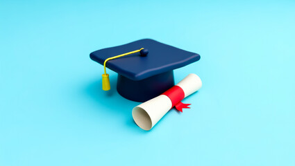 navy blue graduation cap and diploma on light blue background