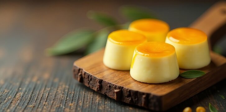 Miniature models of Thai coconut custard sweets on wooden board, coconut, wooden board, food