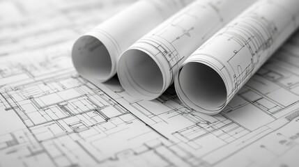 Architectural blueprints rolls laid on detailed design plans.