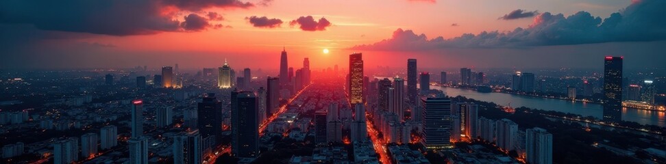 Obraz premium Golden hour illuminates Saigon's towers, night descends, amazing, illuminated, architecture