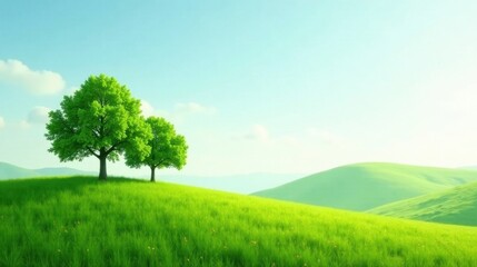 Fototapeta premium Serene Meadow Landscape Two Lush Green Trees on Rolling Hills Under a Bright Sky