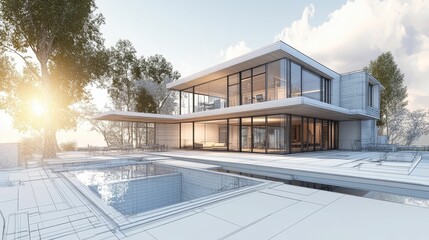 Modern architectural home pool sunny day clear sky.