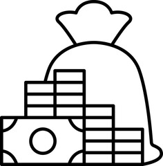 Money bag and stacked bills illustration line icon