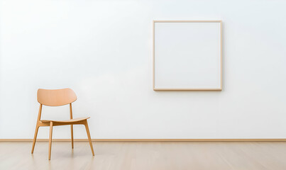 Minimalist Room with Wooden Chair and Empty Frame on Wall