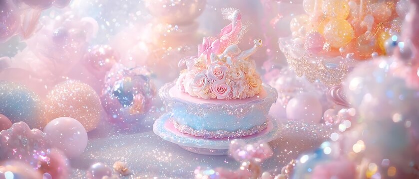 Enchanting cake creation amidst a dreamy, pastel-hued wonderland of glittering delicacies