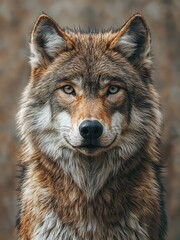 Fototapeta premium A powerful wolf stands still, its piercing gaze fixed ahead, surrounded by a softly blurred natural environment that highlights its striking features.