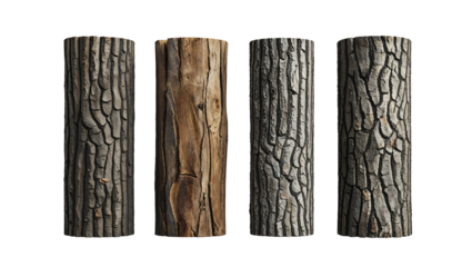 High-resolution tree bark textures and wood grain patterns, cylindrical wood cuts in brown and gray tones, detailed surface textures isolated on white background
