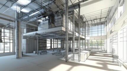Architectural interior design rendering detailed blueprints and sunlight.
