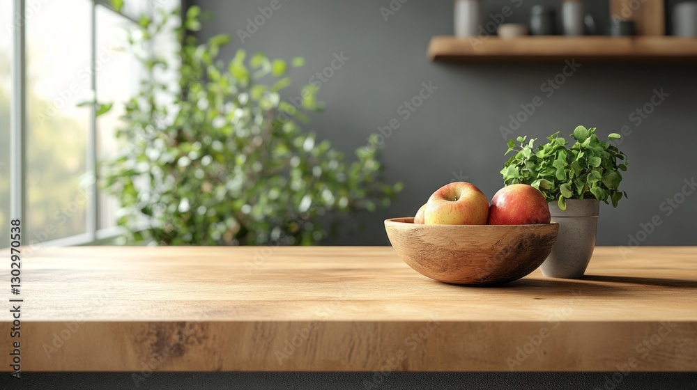 Poster a wooden bowl brimming with shiny apples rests on a natural wood countertop, accompanied by a small 