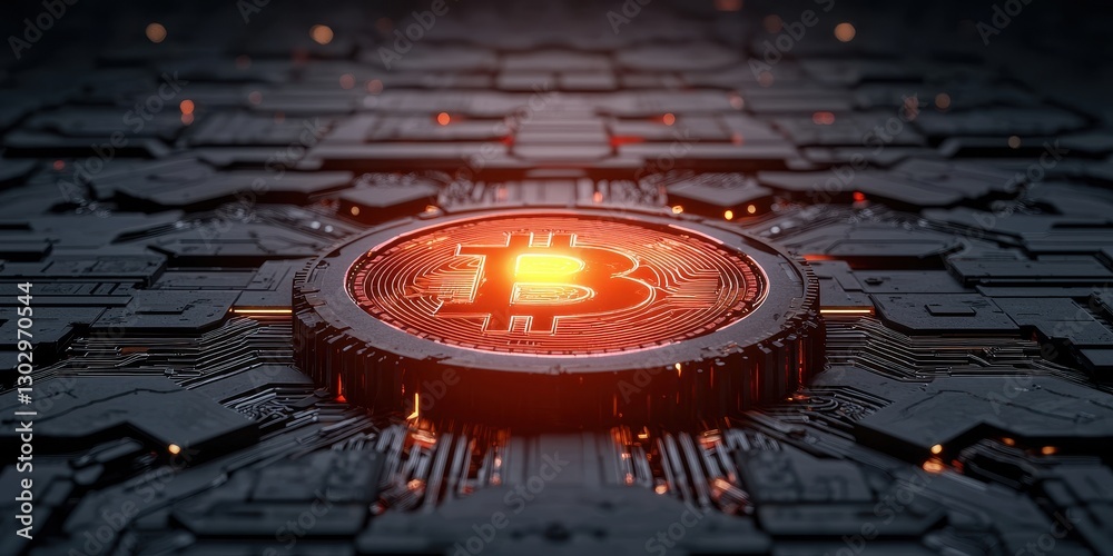 Poster a glowing bitcoin symbol sits at the center of a futuristic circuit board, showcasing digital curren