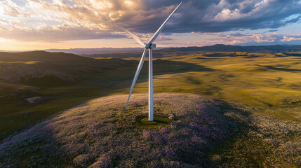 Scenic landscape with windmill on hill showcasing renewable energy and nature