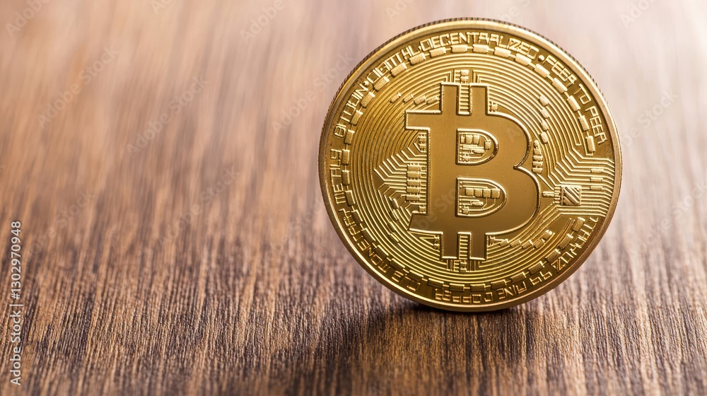 Aufkleber a close-up view of a bitcoin coin resting on a wooden surface, showcasing its distinct design and go