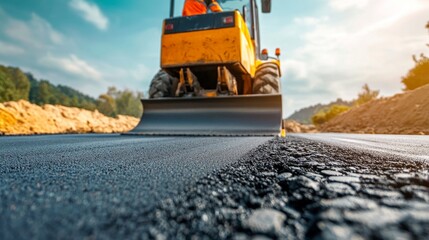 Construction worker paving a road, heavy machinery in use, sunny day, realistic and gritty
