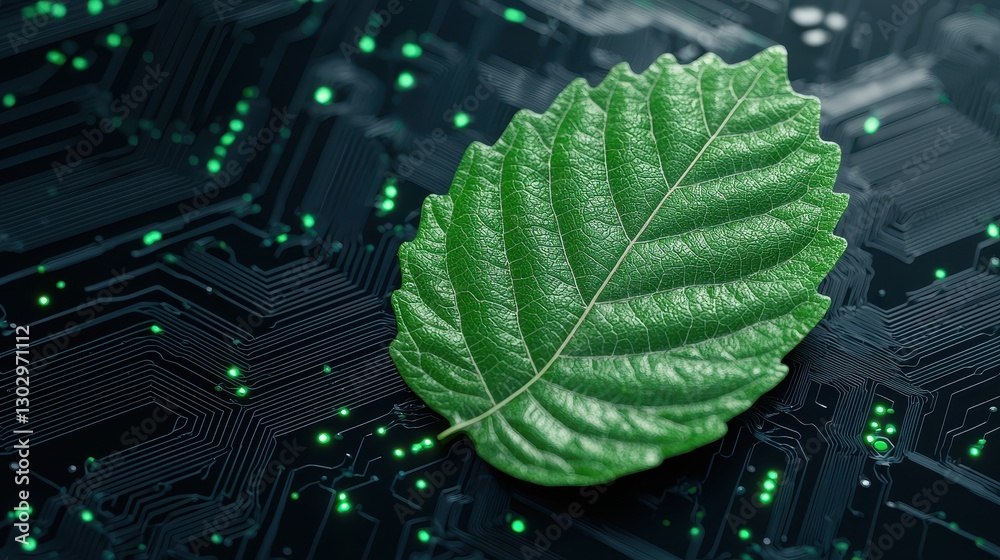 Poster a vibrant green leaf rests on a dark, circuit-patterned background, symbolizing the fusion of nature