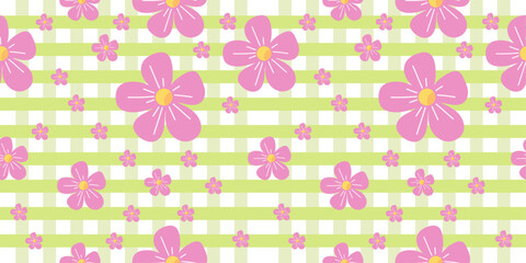 Floral pattern with pink flowers on light green gingham background. Cute pastel colored vector illustration in nature - inspired concept. For prints, cards, gift paper