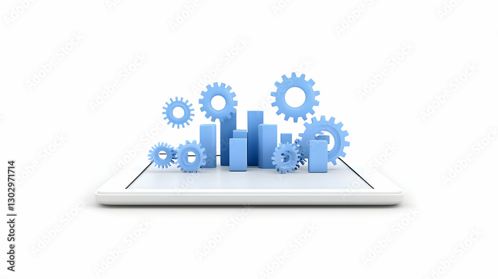 Poster 3d gears and graphs on smartphone display representing technology