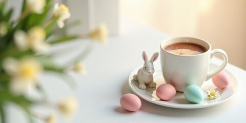 A Festive Spring Morning Coffee, Pastel Eggs, and a White Bunny Figurine