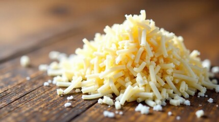A delectable mound of finely shredded cheese rests on a rustic wooden surface, ideal for culinary creations and gastronomic adventures