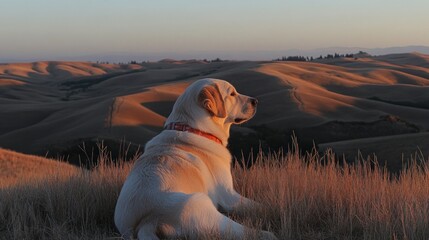 Labrador Retriever Dog Sitting on Hill at Sunset Landscape View