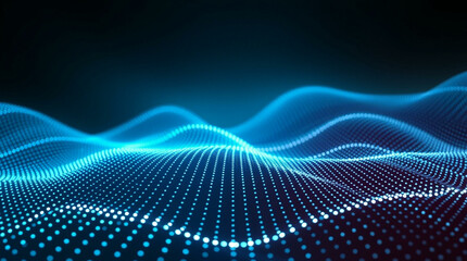 Abstract background with glowing blue dots forming smooth waves, enhanced by a subtle red glow. The futuristic digital pattern creates a dynamic effect in a dark setting