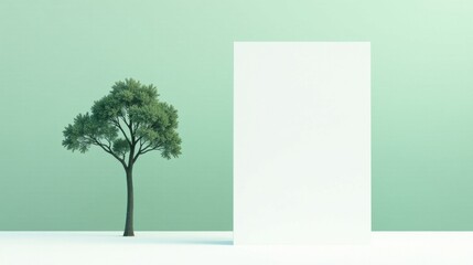 Obraz premium Serene Minimalist Scene A Single Tree Beside a Blank Vertical Panel Against a Pale Green Background