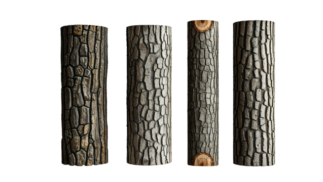 Realistic wooden logs with detailed bark patterns, vertical arrangement of tree trunks showcasing natural textures, isolated PNG image