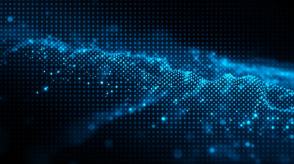 Abstract background with glowing blue dots creating dynamic, flowing waves. The design offers a futuristic digital look with a dark gradient backdrop