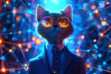 Animated Statistical Data Processing on Grid Network Against Blue Background