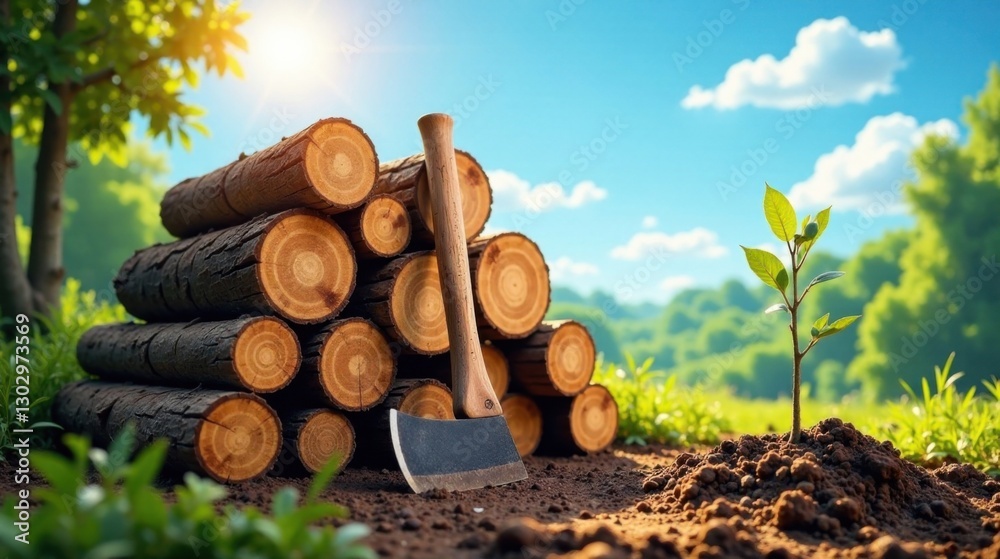 Poster A freshly planted sapling thrives near a stack of neatly arranged logs, an axe resting beside them, symbolizing the cyclical nature of forestry and sustainable resource management.