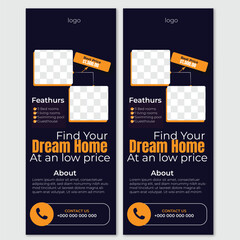 Modern real estate agency house or home for sale rollup pullup banner, standee, x banner, signage advertising design for business sales promotion with place for photos, editable premium vector layout