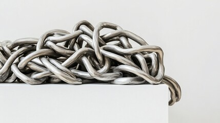 Naklejka premium A close-up of an intertwined, tangled mass of silver metallic chains resting on the edge of a white pedestal. The composition highlights the fluid, sculptural quality of the twisted links, creating an