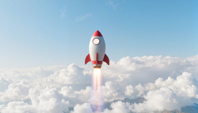 Futuristic rocket ascending through fluffy clouds, exploration symbolism