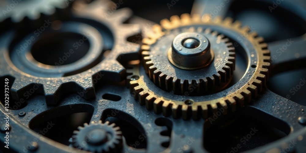 Poster Intricate Metallic Gears Interlocking in Complex Synchronization, a Detailed Close-Up of Precise Engineering